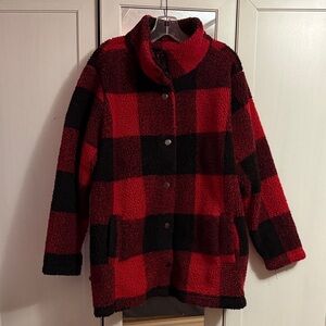 Maurices Red and Black Plaid Teddy Jacket